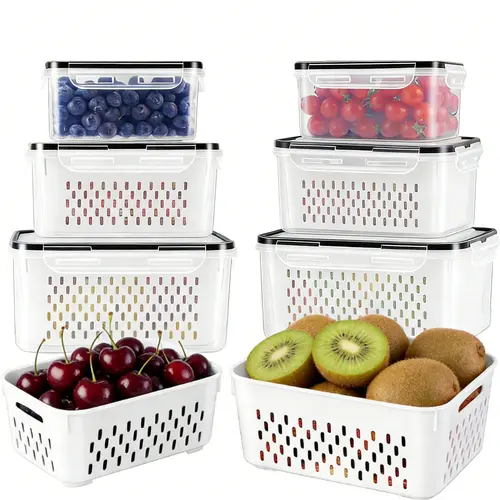 8/10/12/16 pcs Fridge Organizers and Storage Stackable Fruit Storage Container for Fridge with Removable Colander, BPA-Free Food Storage Container for Salad Berry Vegetable Meat Keeper Fresh Containers, Kitchen, Utensils,summerwins,campingessentials,campi