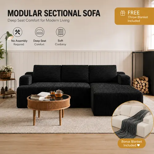 【2 Packages Shipping] L-Shape Plush Corduroy Velvet Modern Sofa with Deep Seat, Upholstered Couches for Living Room & Bedroom, No Assembly Required,DealsForYouDays