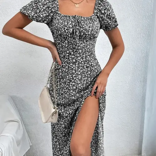 Women's French Style Ditsy Floral Print Dress, Milkmaid Dress, Boho Fashion Puff Sleeve Square Neck Ruched Dress for Daily Vacation Wear, Summer Dresses, Flowy Dress, Casual Chic Ruffle, Womenswear, Bohemian
