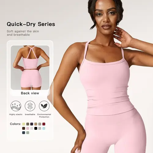 Two-piece Set Women's Solid Backless Cami Top & High Waist Shorts Tracksuit Set, Solid Sports Sets, Sleeveless Spaghetti Strap Crop Top & Skinny Shorts, Ladies Sportswear for Indoor Outdoor Wear, Gym Wear, Backless Gym Clothes