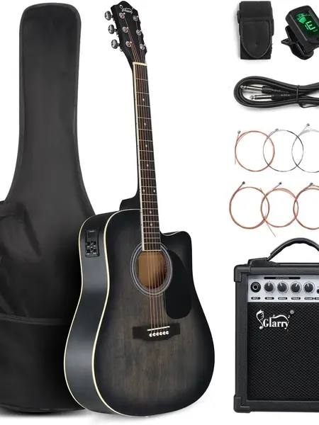 GLARRY Full Size 6 Strings Acoustic Electric Guitar Beginner Kit w/ 15W Amp, Cutaway 41 Inch Electric Acoustic Guitar w/Inbuilt Tuner, Bag, Strap, Picks, Strings, Basswood Guitarra, Distressed Black