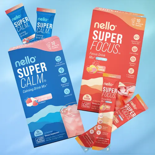 Nello Super Bundle: 1 Supercalm Travel Packets (10ct) + 1 Superfocus Caffeinated Travel Packets (10ct):  Exclusive Bundle for Clarity, Productivity & Relaxation.