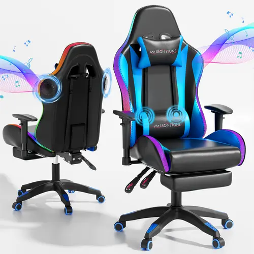 【Deals For You Days】Mr IRONSTONE Gaming Chair with Speakers and Led Lights Ergonomic Massage Computer Gaming Chair with Broaden Cusion and Footrest High Back Video Game Chair for Adults Kids Boyfriend Father's Gift, Blue Black and Pink
