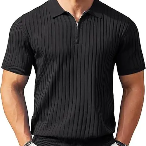 COOFANDY New York Fashion Week Men's Zipper Polo Shirts Short Sleeve Ribbed Knit Polo T Shirts Fashion Casual Golf Shirts Fabric Menswear Classic