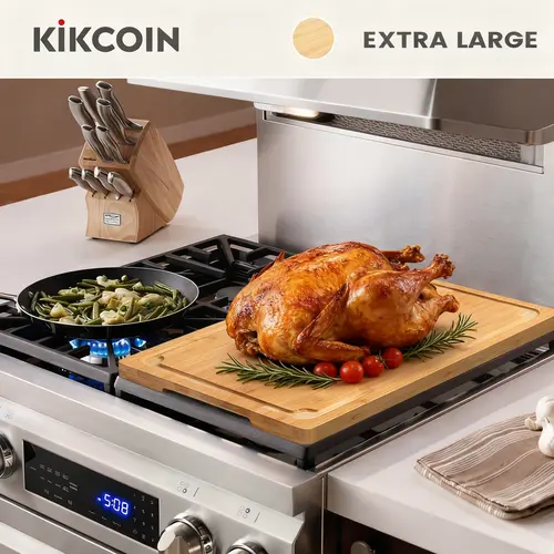 Kikcoin 4XL/5XL Game changer 4-in-1Stovetop Cover,Extra Large Bamboo CuttingBoard Pro,Charcuterie Board,Pastry,Chopping Block,Noodle Board,Oven Cover Protector,Handle,Juice Groove,turkey,Kitchen,Knives Friendly dinner,party,Summer Hosting Essential