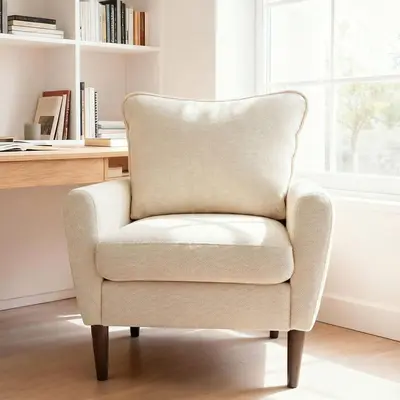 Mid-Century Modern Accent Chair with Pillow, Wide Upholstered Lounge Chair with Solid Wood Legs for Living Room, Bedroom & Office (Beige/Green/Gray)