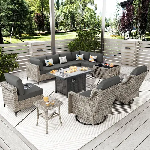 【Deals For You】Ovios 11-Piece Outdoor Patio Furniture Set with 42" Fire Pit Table, Swivel Rocking Chairs & LED Coffee Table, All-Weather Wicker Rattan Sectional Conversation Set with Cushions for Backyard, Deck, Patio & Porch