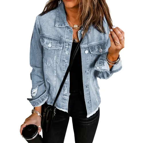 EVALESS Women's Casual Short Jean Jackets Non Stretch Distressed Ripped Boyfriend Washed Coats Lapel Long Sleeve Denim Jacket Outwear Tops 2026 Womenswear Spring Winter Outfits  Deals For You Days summer outfits