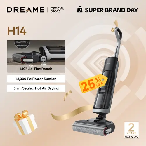 【Super Brand Day】DREAME H14 Series I / H12 Pro FlexReach Vacuum Mop, Wet and Dry Vacuum, 180° Lie-Flat Cordless Vacuum Mop Combo, 140°F Brush Washing, Fast Hot Air Drying in 5 Mins, Great for Sticky Steam Messes Cleaner Self Cleaning