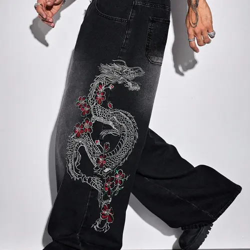 2026 Spring Summer American Street Retro Wide-Leg Pants with Dragon Embroidery, Trendy Casual Style Loose-Fit Denim Trousers for Daily Wear