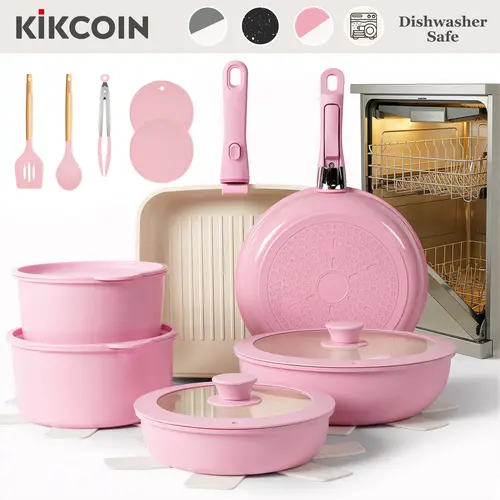 [OOAK Dishwasher safe]Kikcoin Nonstick Non-Toxic Ceramic 22pcs cookware set with detachable handle,Lids,pots pans set complete Cookware Set,PFAS-Free,Oven Safe,Dutch oven,Kitchen,Outdoor Induction Compatible,NewYearGiftIdeas,Protects your manicure tiktoks