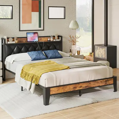 ANCTOR Upholstered Platform Bed Frame, King Size Bed Frames with Storage Headboard (Built-in Outlets), Sturdy No-Noise Design, Easy to Install, No Box Springs Needed, King Size Bed Frame