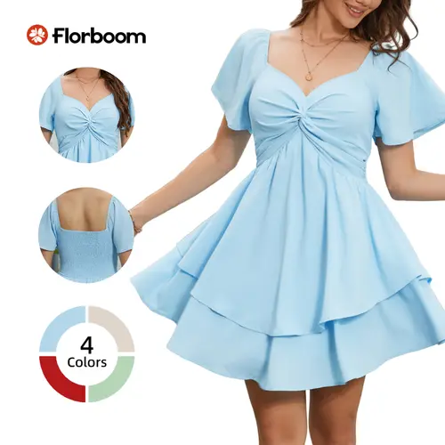 Florboom Women's Sweetheart Knot Front Mini Dress,Flutter Sleeve Layered Ruffle Hem A-Line Short Dress, Lightweight Summer Fit & Flare Dress for Vacation, Parties, and Everyday Style,Summervibes Womenswear Womenswear