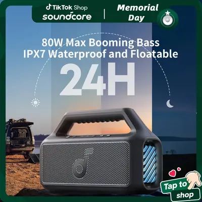 soundcore Boom 2 By Anker, Outdoor Speaker, 80W, Subwoofer, BassUp 2.0, 24H Playtime, IPX7 Waterproof, Floatable, RGB Lights, USB-C, Custom EQ, Bluetooth 5.3, Portable for Camping, Beach, and Backyard