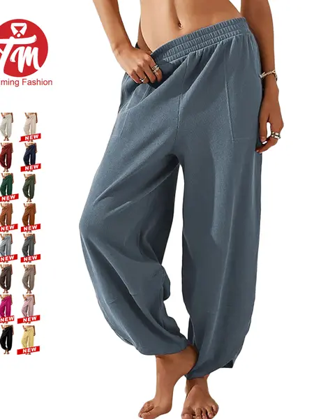 Tanming Women's Baggy Wide-Leg Pants - Casual, Elastic-Waisted, Bohemian Minimalist Basic Women's Clothes Bottom with Pockets,summerwins,summeroutfits,vacationoutfits,beachoutfits