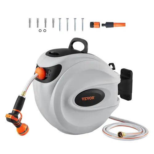 【DealsForYouDays】VEVOR Retractable Hose Reel, Max 130 FT / 115 FT / 100FT / 65FT / 84FT Garden Water Hose Reel with 9-Pattern Nozzle, 180° Swivel Bracket Wall-Mounted, Automatic Rewind, Lock at Any Length, with Slow Return System VEVOR Super Brand Day