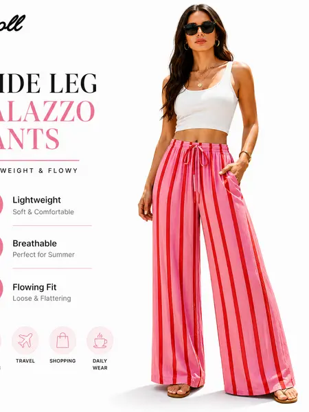 Wiholl Wide Leg Pants for Women Flowy Palazzo Drawstring Elastic Waist Trousers with Pockets Summer Beach Vacation Clothes