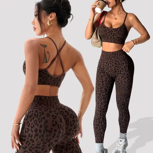 Women's Spring Summer Leopard Print Two-Piece Set, Matching Gym Set, Adjustable Straps Backless Top + High Waist Tummy Control Nine-Point Tight Yoga Pants