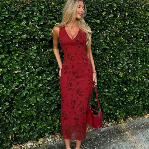 Women's Floral Print Knit Deep V Neck A Line Dress, Elegant Sleeveless Plunge Neck Bodycon Long Dress, Ladies Summer Clothes for Party Holiday Wedding Guest, Summer Dresses