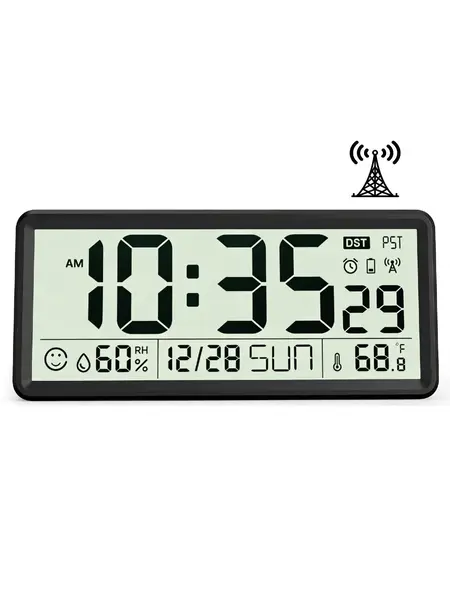 15'' Large Digital Wall Clock, Self-Setting Atomic Clock with Indoor Temperature and Humidity, Auto DST, Battery Operated, Large Screen Clock for Kitchen, Classroom, Living Room (Batteries Not Included)