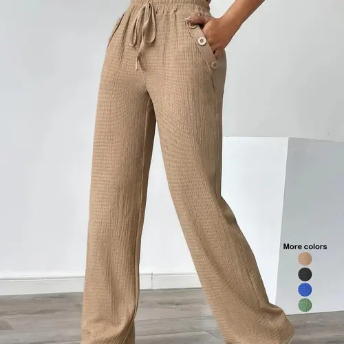 Women's Autumn Casual Drawstring Tie Texture Pocket Knit Pants, Boho Casual Pants, Comfortable Medium Fit Long Trousers for Daily Wear, Stylish Ladies' Fashion Apparel, Womenswear, Casual Basic Trousers, Casual Fashion Bottoms