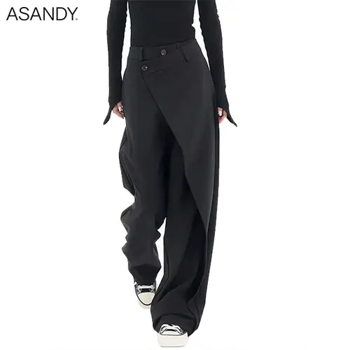 ASANDY Women's Asymmetrical Wrap Trousers, High-Waist Wide-Leg Pants for Office Work Fashion and Everyday Wear