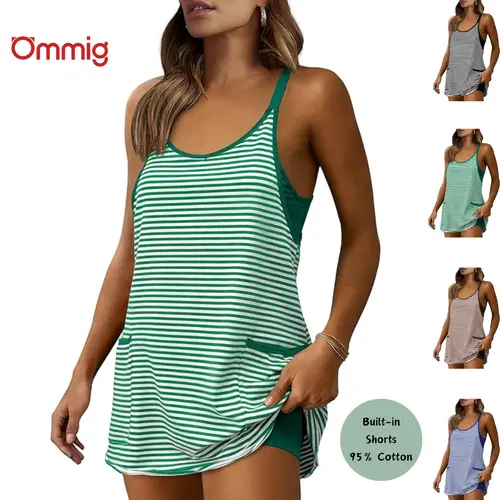 Ommig Women's Summer Athletic Mini Dress Sleeveless V Neck Built-in Shorts Striped Tennis Workout Vacation,summerwins,summeroutfits,vacationoutfits,beachoutfits