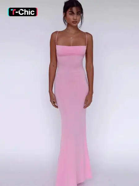 Women's Solid Knitted Backless Cami Mermaid Bodycon Fit Dress, Adjustable Strap Sleeveless Maxi Dress for Parties, Clubs, Dates and Evening, Ladies Summer Elegance Clothes