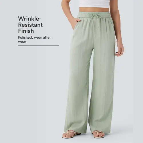 Halara High Waisted Drawstring Pocket Wide Leg Baggy Casual Linen-Feel Pants