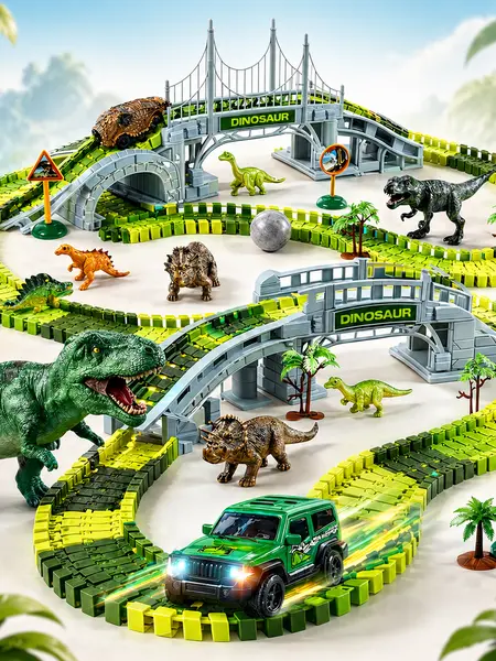 215 PCS Dinosaur Track Toys for Kids, Flexible Race Car Track Set with Glow in the Dark Stickers, Create a Dino World Adventure Road Race Gift
