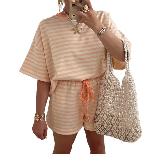 Mntaor Women's Striped Contrast Neck Loose Tee & Drawstring Shorts Set Relaxed Fit for Beach Days Summer Vacations & Casual Weekend Outfits - Clothes, Womenswear