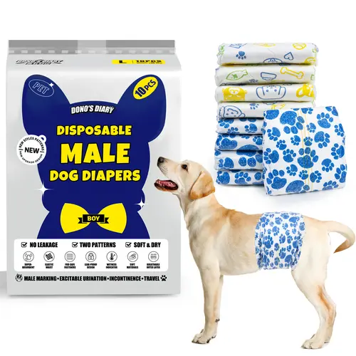 Dono Disposable Male Dog Diapers - Leak-Proof Belly Wraps with Wetness Indicator, Rapid-Dry Gel Tech, Puppy Pads, Fast Absorption, for Excitable Urination & Incontinence, XS-L Sizes, 2 or 6 Bags, Blue Paw & Cute Cartoon Design