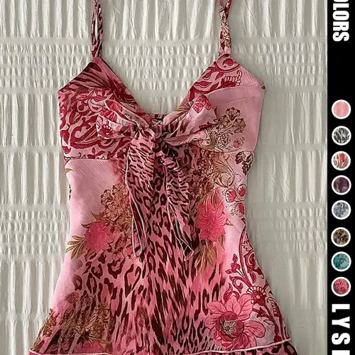 Spring/Summer 2000s Retro Vintage Aesthetic Feminine Leopard Peony Printed Lightweight Strap with Chest Knot Women's Top