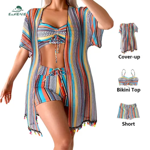 Eomenie Women's 3-Piece High-Waisted Boho Rainbow Bikini Set - Breathable, Quick Dry, Tie-Front Bust, Tropical Beach Outfit, Shorts Swim Set with Cover Up #Spring Glow Up