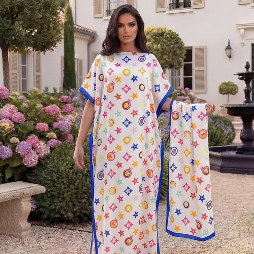 Women's Elegant Chic Geometric Print Robe Set, Long Dress & Scarf Shawl, Beach Sun Protection Satin Silk Matching Set