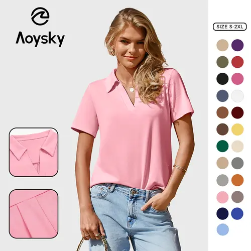 Aoysky Women's Short-Sleeve Fitted Minimalist Lightweight Polyester V-Neck Collared Athletic Polo Shirts - Women's Clothes, Business Casual Tops, Summer Tops