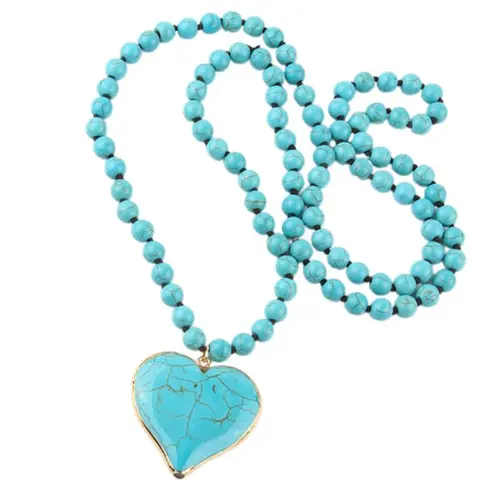Women's Boho Vintage Turquoise Heart Beaded Pendant Necklace - 86-88cm Layered Chain, Allergy-Safe Blue Gemstone Artistic Coastal Boho Statement Costume Jewelry, Festival Beach Vacation Gifts, Boho Necklaces, Blue Gemstone Necklaces,summeroutfits,vacation