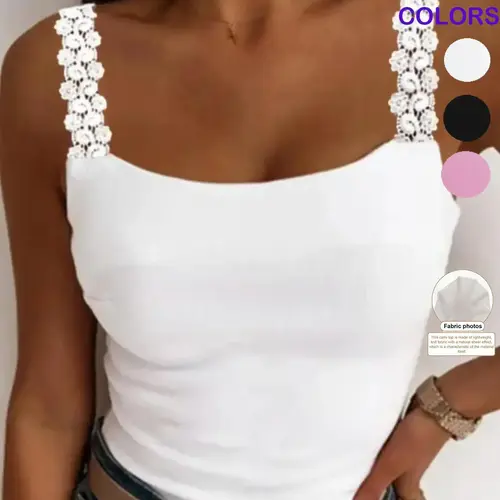 Women's Basic Contrast Lace Cami Top, Bodycon Camisole, Casual Solid Color Sleeveless Top for All Seasons, Ladies Clothes for Daily Wear