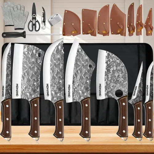 MDHAND Kitchen Knife Set with Ergonomic Handles - Non-Stick High Carbon Stainless Steel Knives, Sharp Blades for Meat Chopping & Slicing, Kitchenware Utensils with Sharpening Function, Ideal Gift #DealsForYouDays