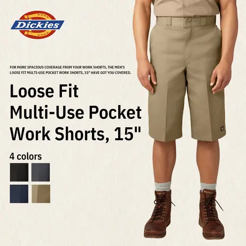 Dickies Men's Loose Fit Multi-Use Pocket Work Shorts, 15" Two-Piece Waistband to Prevent Rolling, Easy-Care, Multi-Use Side Pocket Beige Man