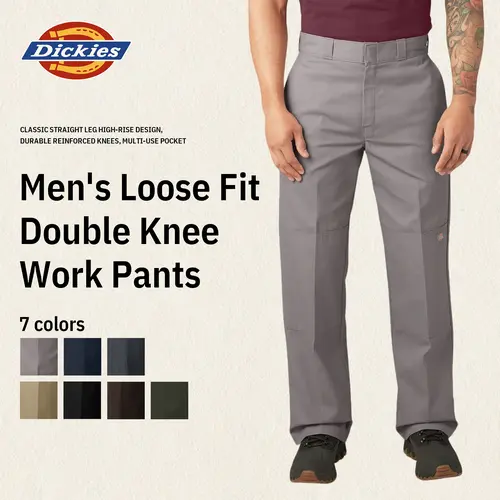 Dickies Men's Loose Fit Double Knee Work Pants, Reinforced Knees, Multi-Pocket Utility Fit, Workwear Street Style