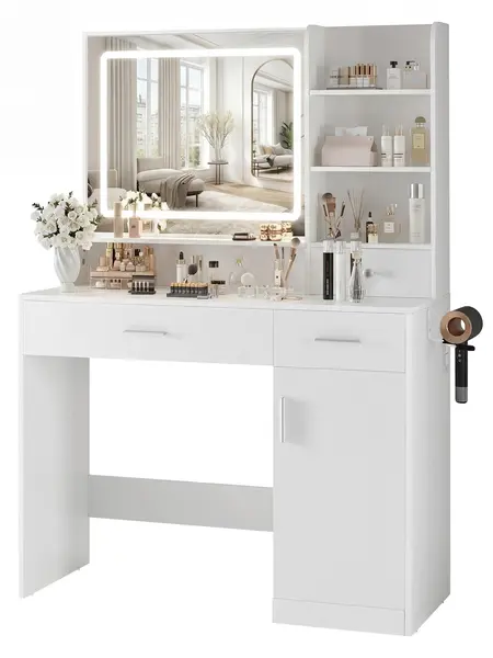 Makeup Vanity Desk with Mirror and Lights – Power Outlet & Adjustable RGB LED Lights – Dressing Table with Storage Shelf for Women & Girls Bedroom