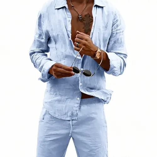 Men's 2 Piece Matching Linen Outfit, Plain Long Sleeve Loose Button Down Shirt & Shorts, Lightweight Breathable Fabric, Classic Casual Beach Suit for Summer Vacation & Resort Wear