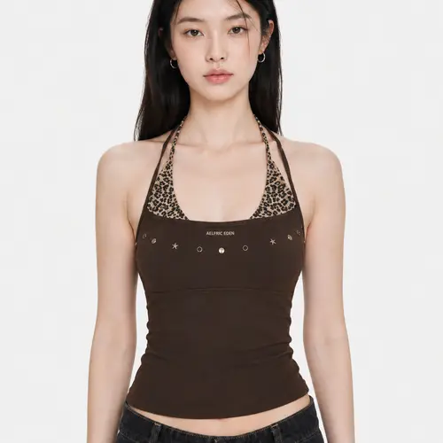 Aelfric Eden Leopard Halter Studded Cami Top Slim Fit Contrast Leopard Print Panel & Studded Detail Halter Neck Tie Casual Y2K Retro Streetwear Top,summerwins,summeroutfits,vacationoutfits,beachoutfits