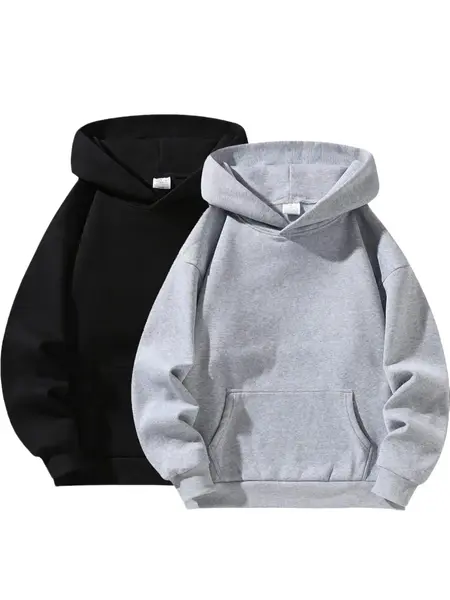 Men's Baggy Long-Sleeve Hooded Pullover Sweater - Menswear, Soft Breathable Durable Fabric, Minimalist Plain Design, Pockets, Machine Washable, Casual Streetwear Sports Top, Spring Daily Outdoor Wear for Students, Grey Black Blue