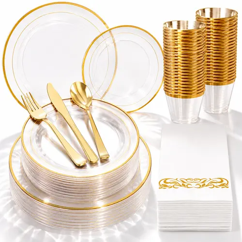 Crystal-Clear Gold border 350pc set Disposable Plates and silverware Set: Dinner Plates,Dessert Plates,Cups,Napkins,Knife,forks,spoons-Perfect for Party Reusable
