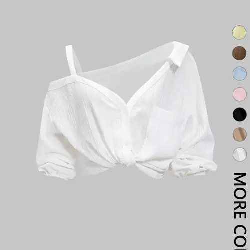 1 Spring Summer Asymmetric Cold Shoulder Blouse Women Shirts | Collared Button Down Textured Fabric 3/4 Sleeve | Clean Girl Casual Chic Style for Daily Vacation Beach Travel