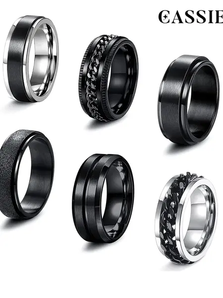 CASSIECA 6PCS Tarnish Proof Stainless Steel Spinner Rings, 6-8MM Black Cool Chain Design, Anxiety Stress Relief Promise Wedding Band, Funky Unique Jewelry Accessories, Men's Accessories, Guys Gifts, Womens Gifts, Sizes 7-13,summerwins