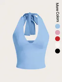 Women's Solid Knot Backless Halter Cropped Tank Top, Chic Casual Deep V Neck Sleeveless Short Top for Summer, Ladies Clothes for Daily Wear, Womenswear