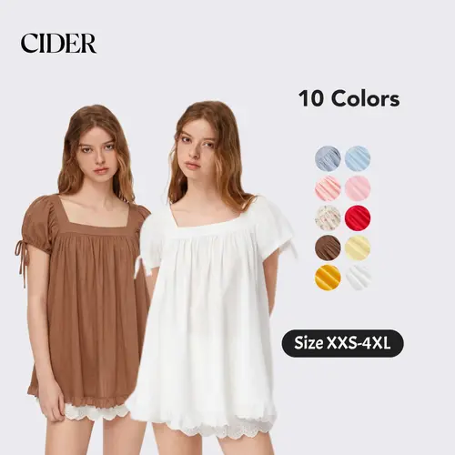 Cider Square Neck Solid Ruffle Knotted Short Sleeve Blouse - Casual Womenswear Summer Top with Puff Sleeves and Fitted Fit Shirts SummerWins Dealsforyou
